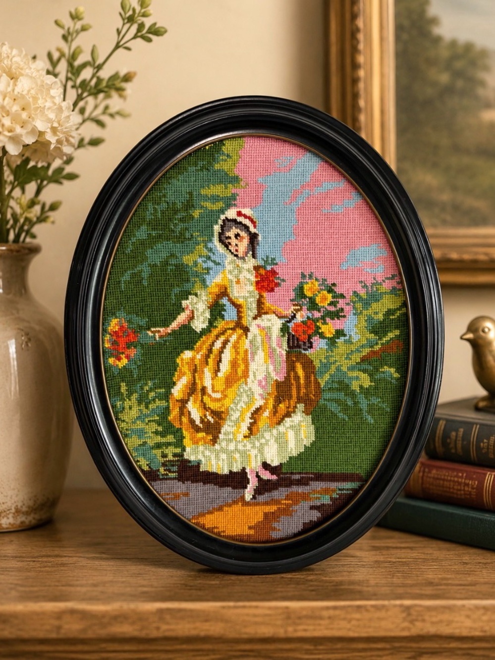Victorian Woman Needlepoint Canvas Ball Gown Evening Dress Flowers Oval Vintage